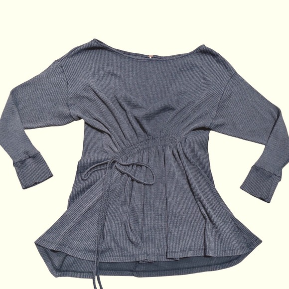 Free People Josie Gray Waffle Knit Cinch Thermal Tunic Top Dress Large L Boho - Picture 2 of 10